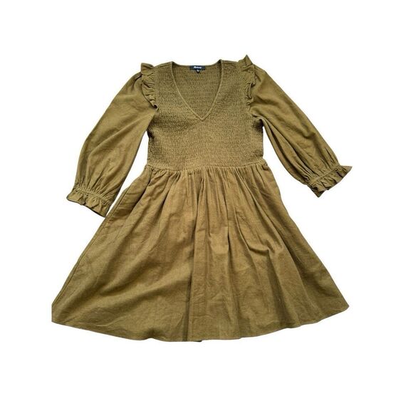 Madewell Women's Flannel Lucie V-Neck Smocked Mini Dress Size Small Olive Color - Picture 10 of 10
